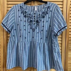 Xhilaration Blue Striped Embroidered Blouse